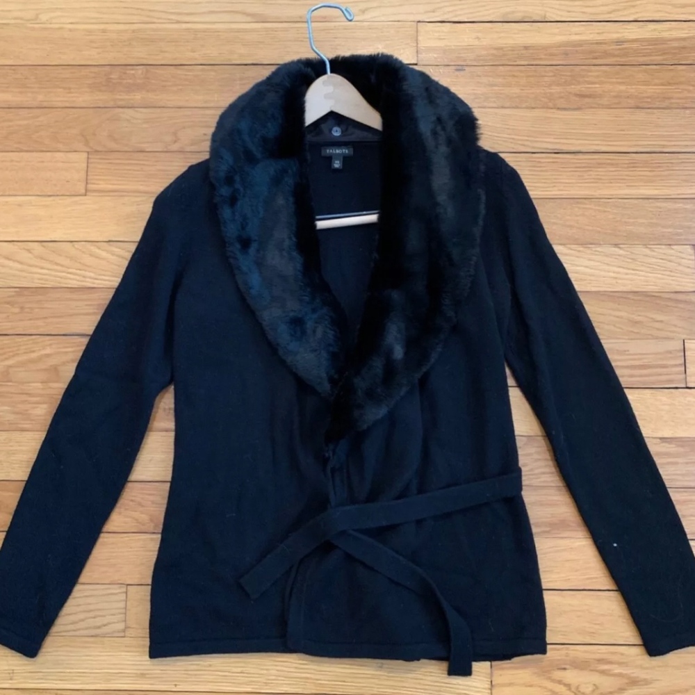 Talbots Faux Fur Collar Belted Sweater